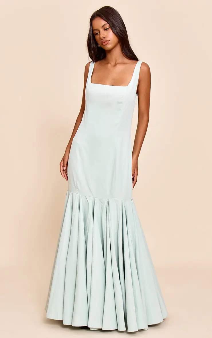 Sage Green Petite Sage Green Seam Detail Frill Maxi Dress | PrettyLittleThing USA | PrettyLittleThing US