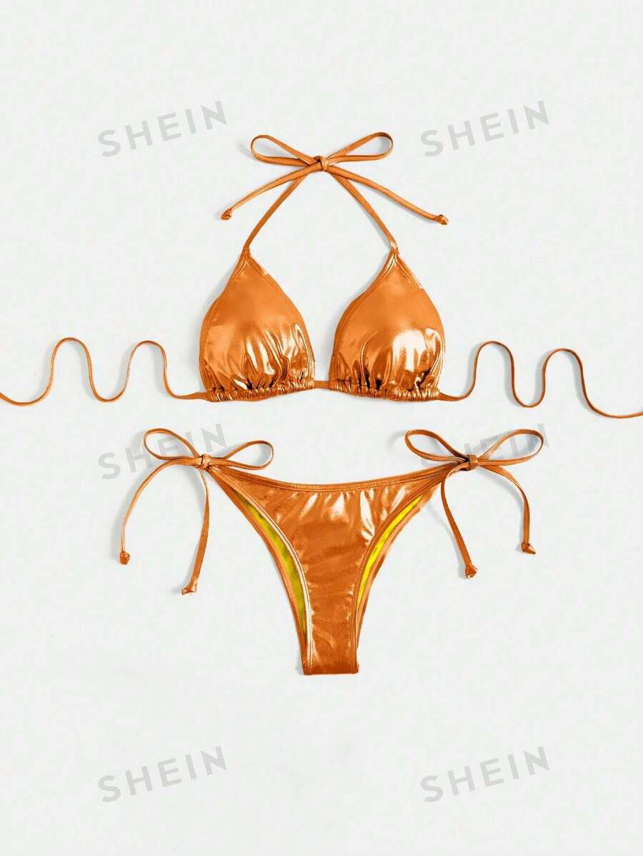 Women's Summer Beach Metallic Halter Top & Bikini Bottom Sexy Bikini Set Bathing Suit | SHEIN