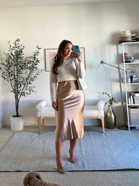 Thanksgiving Day Outfit inspiration with the prettiest satin skirt and cashmere crewneck sweater. I love the soft color combination,  I feel like this is a very elevated look! Would be great for a holiday event or party as well!

Wearing a medium in the crewneck- insanely comfortable and priced at the best price Ive seen for a cashmere sweater.

Skirt, I sized up to a L, fits true to size!


#LTKHoliday #LTKSeasonal #LTKworkwear