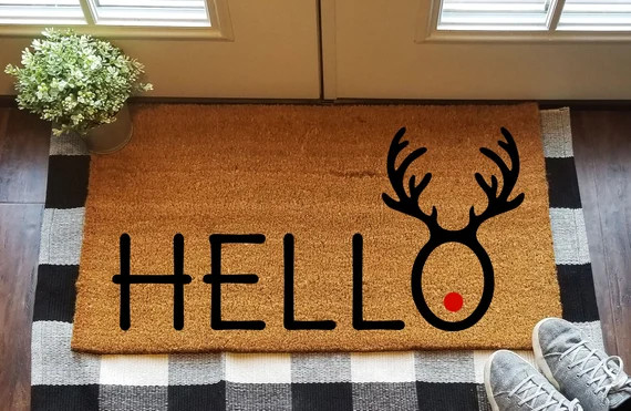 Hello with Reindeer Antlers Hello with Rudolph the Red Nosed Reindeer Christmas Doormat Welcome M... | Etsy (US)