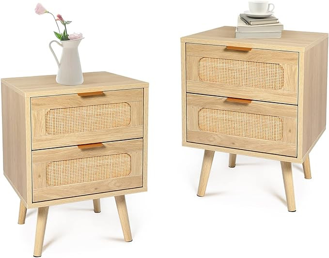 HOPUBUY Nightstands Set of 2 with Rattan Drawer, Modern Night Stand for Bedrooms, Wooden 2 Drawer... | Amazon (US)