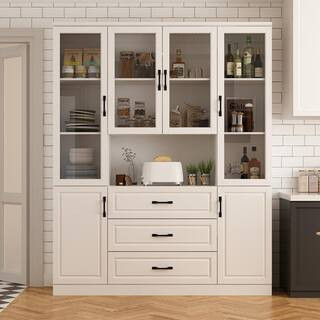 White Wood 63 in. W Buffet Sideboard Food Pantry W/Hutch, Glass Doors, Adjustable Shelves (15.7 i... | The Home Depot