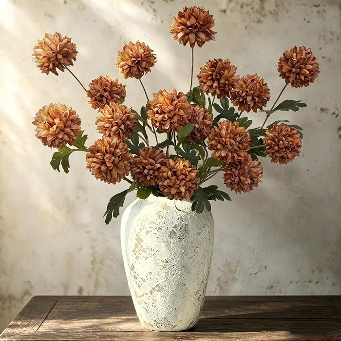 6 Pcs Fake Pompon Mums Artificial Flowers for Vase Filler, 27Inch Fake Flowers with Stems Artificial Plants Centerpieces Fall Stems for Table Spring Decor Fall Decorations for Home Decor(Caramel) | Amazon (US)
