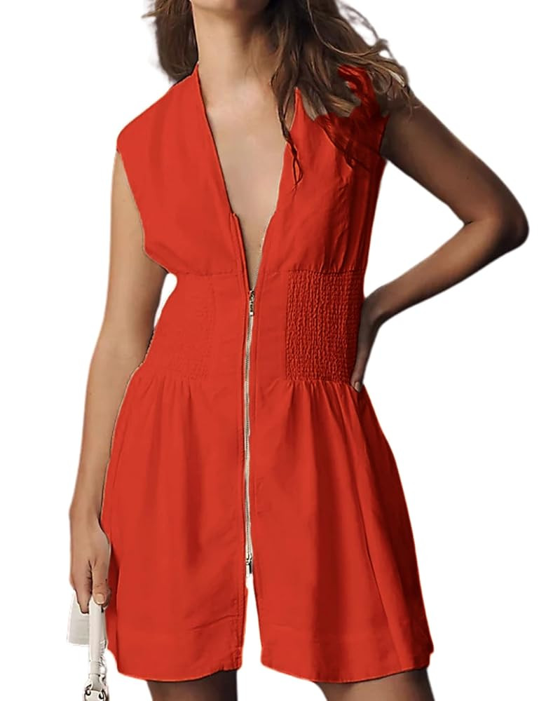 Women’s V Neck Summer Dress Cap Sleeve Zipper Mini Dress Smocked Slit Dress with Pockets | Amazon (US)