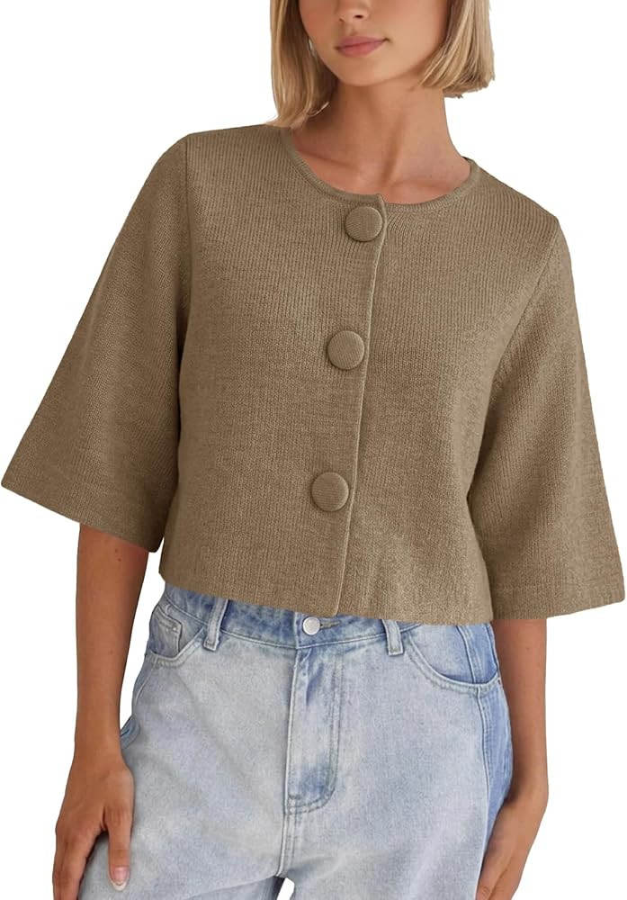 Tankaneo Womens Cropped Half Sleeve Cardigan Sweaters Knit Button Down Tops | Amazon (US)