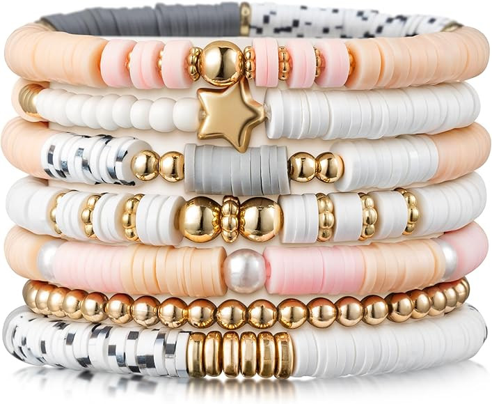 Y1tvei 7Pcs Heishi Surfer Bracelets Set Colorful Preppy Happy Smile Evil Eye Beaded Stretch Clay ... | Amazon (US)