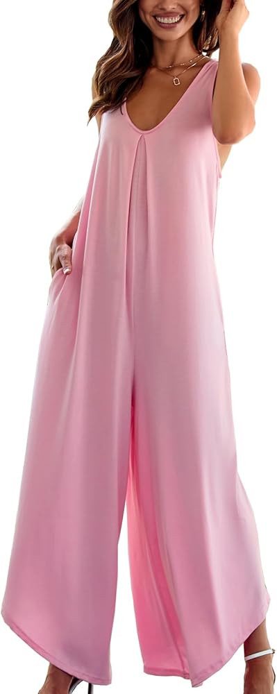 Happy Sailed Womens Jumpsuits Casual Sleeveless V Neck Summer Overalls Irregular Hem Wide Leg Pan... | Amazon (US)