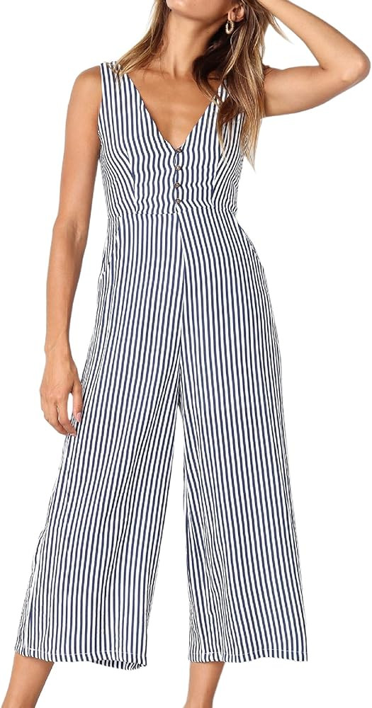 Womens Jumpsuits Casual Button Deep V Neck Sleeveless High Waist Wide Leg Jumpsuit Rompers with P... | Amazon (US)