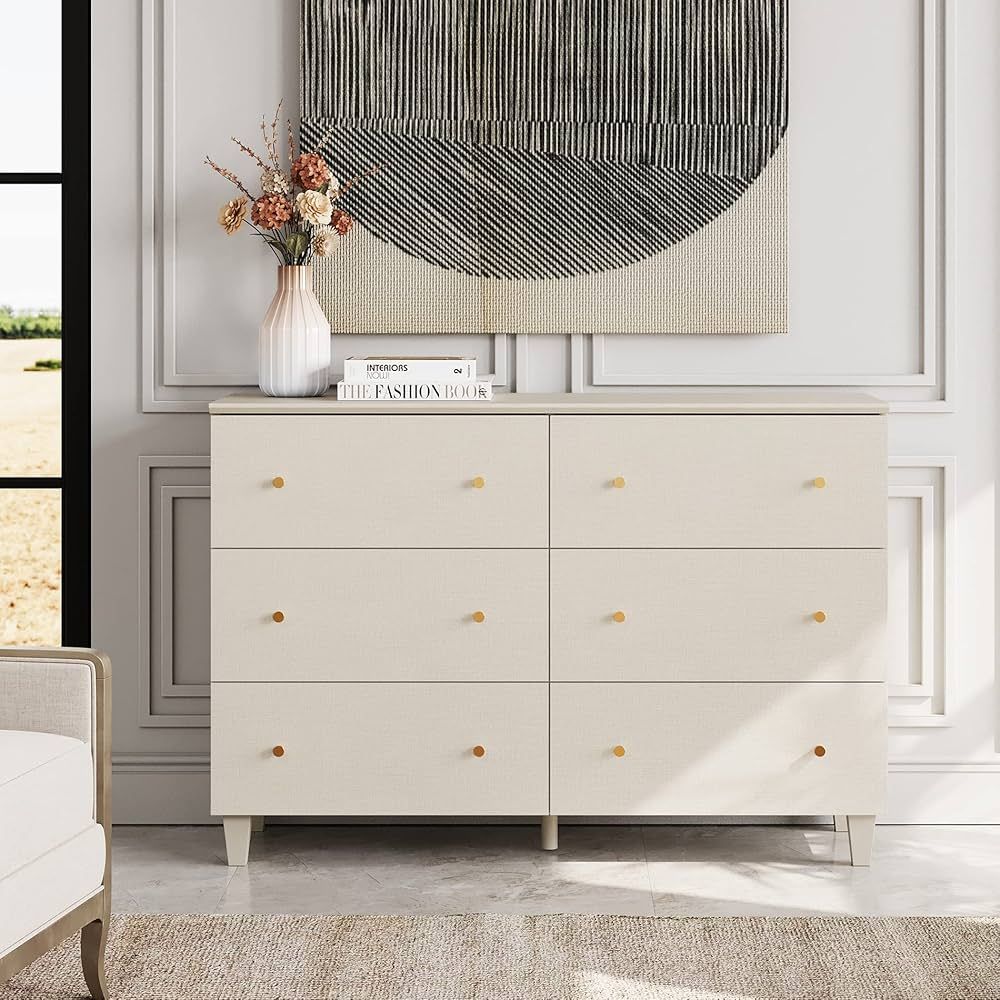 6 Drawers Dresser for Bedroom, Wooden Wide Chest of Drawers, Beige Modern Closet Storage Organize... | Amazon (US)