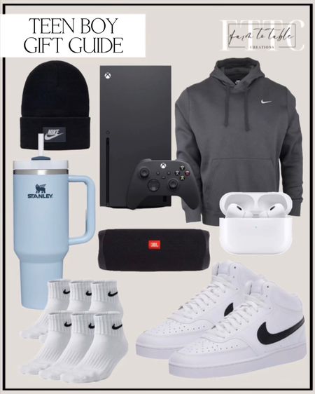 Teen Girl Gift Guide. Follow @farmtotablecreations on Instagram for more inspiration. Stanley Quencher H2.0 FlowState Stainless Steel Vacuum Insulated Tumbler with Lid and Straw for Water, Iced Tea or Coffee, Smoothie and More. Apple AirPods Pro (2nd Generation) Wireless Ear Buds with USB-C Charging, Up to 2X More Active Noise Cancelling Bluetooth Headphones, Transparency Mode, Adaptive Audio, Personalized Spatial Audio. Nike Men's NSW Club Pullover Hoodie. Nike Knit Hat Beanie Cap Logo Black, Unisex. Nike Men's Court Vision Mid Sneaker. Nike Men's Bag Cotton Quarter Cut Socks (6 Pack) (Large (shoe size 8-12), White). Xbox Series X 1TB SSD Console - Includes Wireless Controller - Up to 120 frames per second - 16GB RAM 1TB SSD - Experience True 4K Gaming Velocity Architecture. JBL FLIP 5, Waterproof Portable Bluetooth Speaker, Black, Small. Teen Boy Christmas Gift. 

#LTKGiftGuide #LTKHoliday #LTKkids