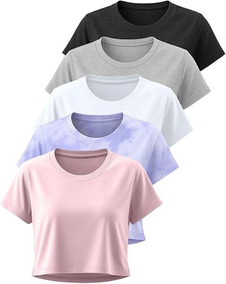 Real Essentials 5 Pack: Women's Dry Fit Crop Top - Short Sleeve Crew Neck Stretch Athletic Tee (A... | Amazon (US)