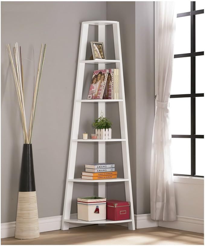 RAAMZO White Finish Wood Wall Corner 5-Tier Bookshelf Bookcase Accent Etagere | Amazon (US)
