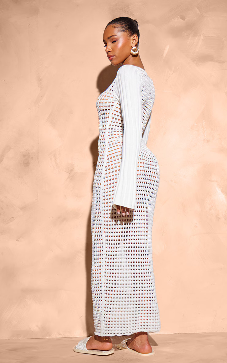 Cream Open Crochet Scoop Back Maxi Dress | PrettyLittleThing UK