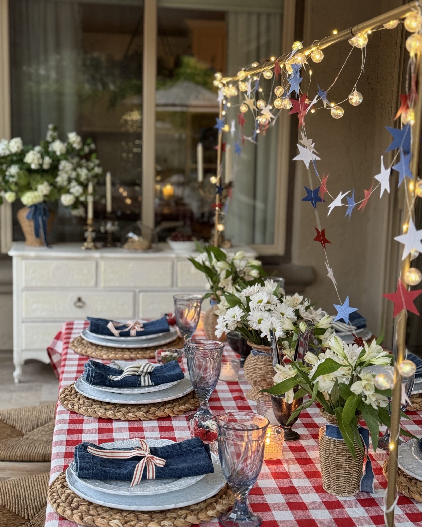 Patriotic Table for Memorial Day, and/or Fourth of July ❤️🤍💙🇺🇸

Plates are from Arte Italica Crown Linen 

Mud Pie discount code: JOYFUL15 for any Mud Pie items on their site (not on Amazon)

#memorialday #patrioticdecor #tablescape #Tabletopdecor #usa 

#LTKFindsUnder50 #LTKSeasonal #LTKHome