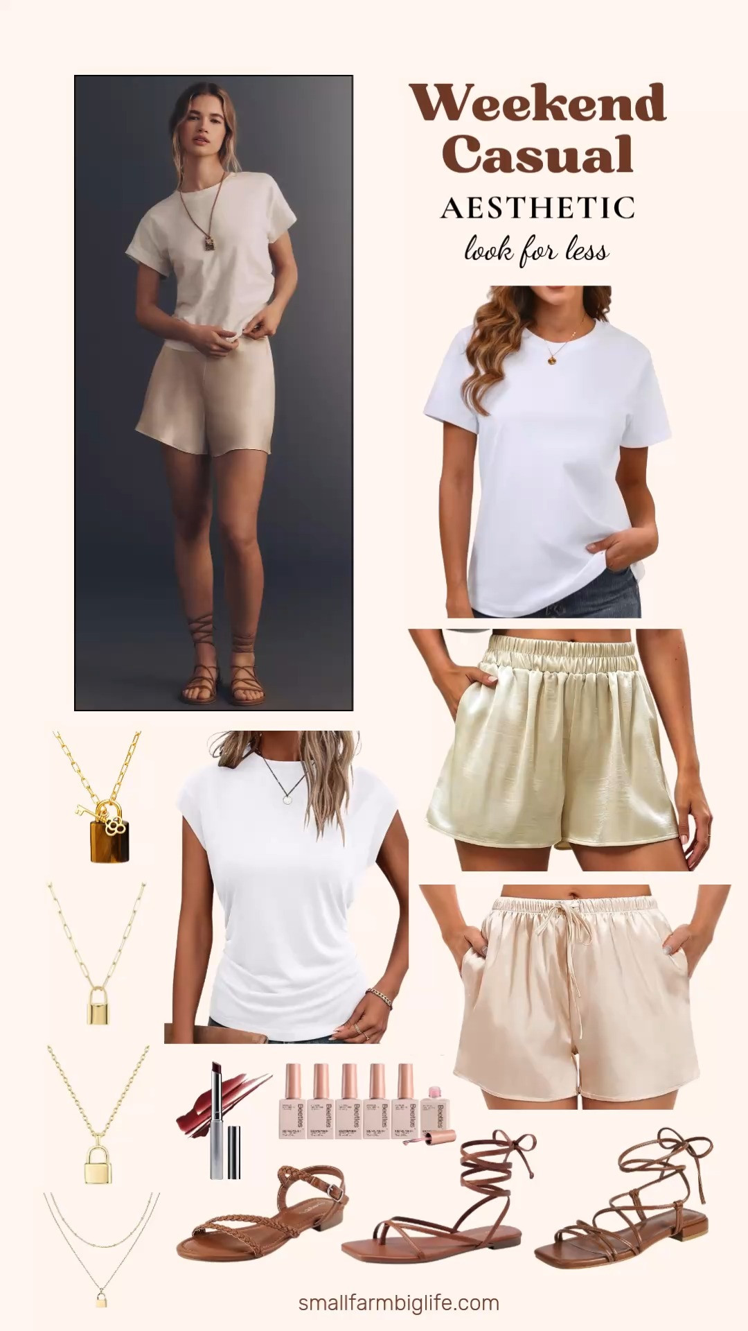 Satin and silk shorts are having a major moment right now and this elevated casual look proves you do not need to spend a lot to pull it off. The beige and champagne satin shorts paired with a simple white cap sleeve tee or basic cotton tee is such a clean and polished combination for a weekend outfit. The lock necklaces layered together are such a fun trend right now and the tigers eye toggle necklace adds a beautiful earthy element to the look. Strappy brown flat sandals in a few different styles give you options depending on how dressed up you want to go, and the Clinique tinted lip balm and jelly gel nail set finish everything off perfectly. Tap to shop the whole look! 

 #LTKgrwm #LTKootd #LTKOver40