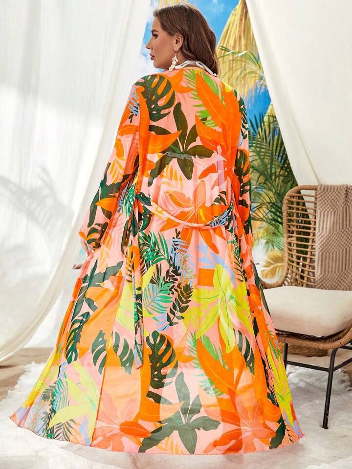 SHEIN Swim Vcay Plus Tropical Print Belted Kimono | SHEIN