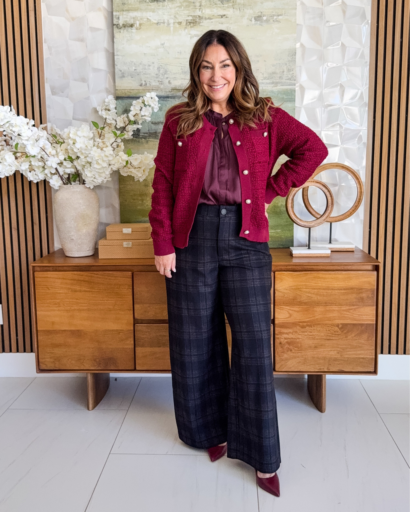 Elevated fall workwear 🍷 Burgundy textured tweed cardigan jacket with pearl buttons over a burgundy satin blouse, paired with black plaid wide-leg trousers and burgundy pumps. A tonal wine, blazer-alternative teacher outfit and business casual look.

Sizing: sweater & top, L //pants, 12

#LTKWorkwear #LTKOver40 #LTKMidsize