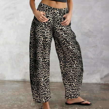 HOWPAY Womens Jeans Wide Leg Leopard Print High Waisted Denim Pants with Pockets Casual Button Loose Stretchy Comfort Boyfriend Baggy Jeans OTHER M | Walmart (US)