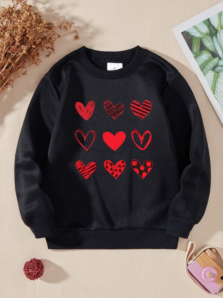 Little Girls' Valentine's Day Love-Printed Fleece Pullover Sweatshirt With Round Neck | SHEIN