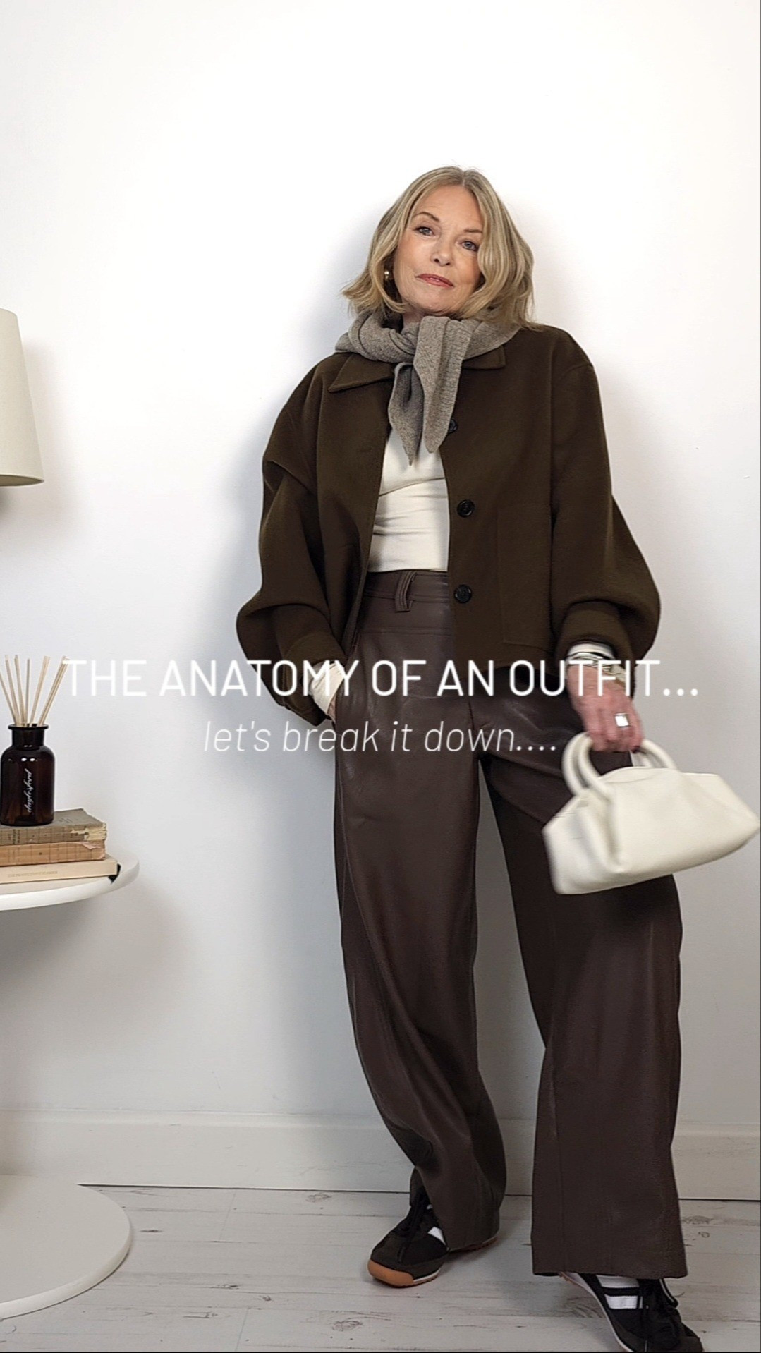 Brown wool jacket - faux leather brown barrel-leg trousers  - heatgen top - triangle wool scarf  - cream bag - brown adidas SL72 trainers 

#LTKuk #LTKautumn #LTKstyletip
