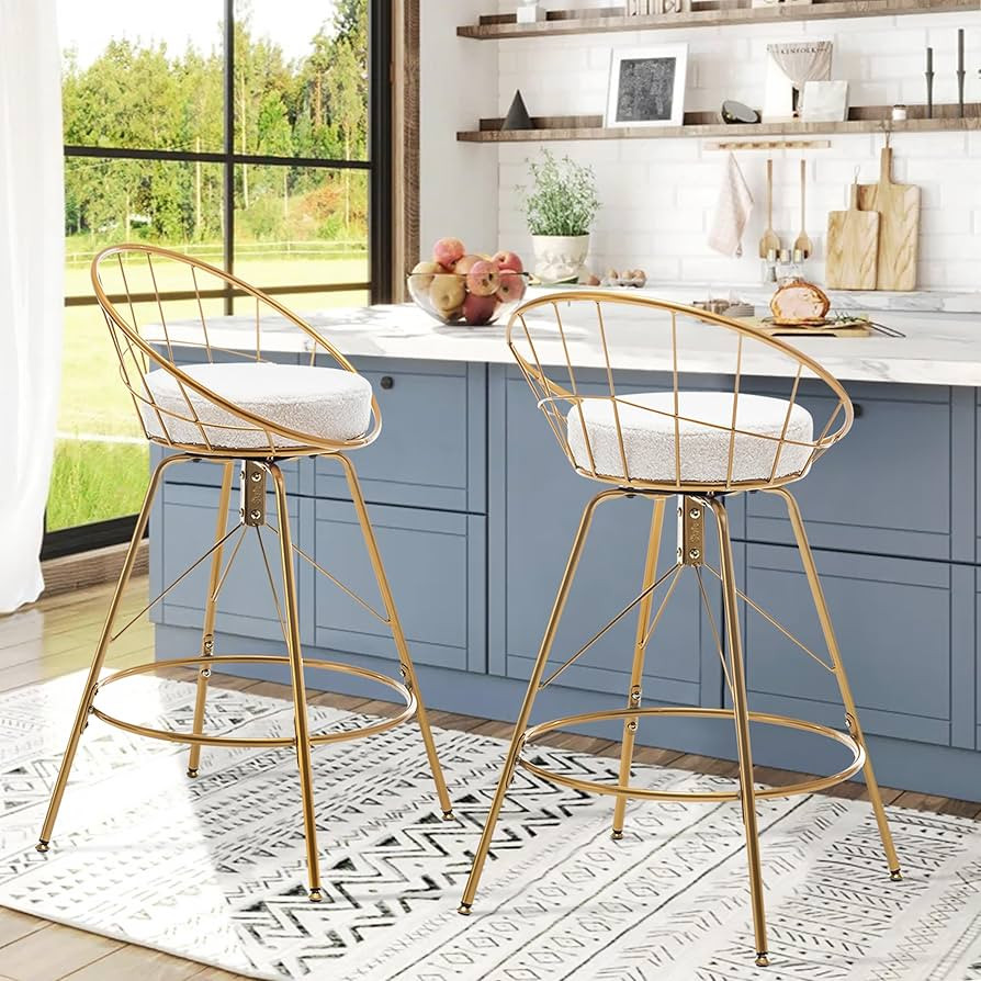 Awonde White Boucle Swivel Bar Stools Set of 2 Upholstered Sherpa Gold Barstools 26 inch Kitchen ... | Amazon (US)
