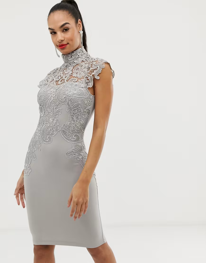 Club L high neck crochet detail bodycon dress-Gray | ASOS (Global)