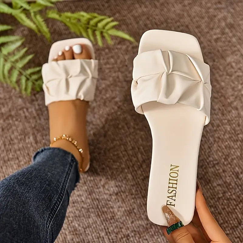 Summer Slide Sandals - Chic Pleated Design, Easy-On, Casual, Square Open Toe, Flat, Ultra-Lightwe... | Temu Affiliate Program