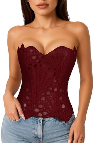 LEACOOLKEY Lacework Corset Top for Women Sexy Textured Sheer Floral Lace Bustier Going Out Lace-u... | Amazon (US)