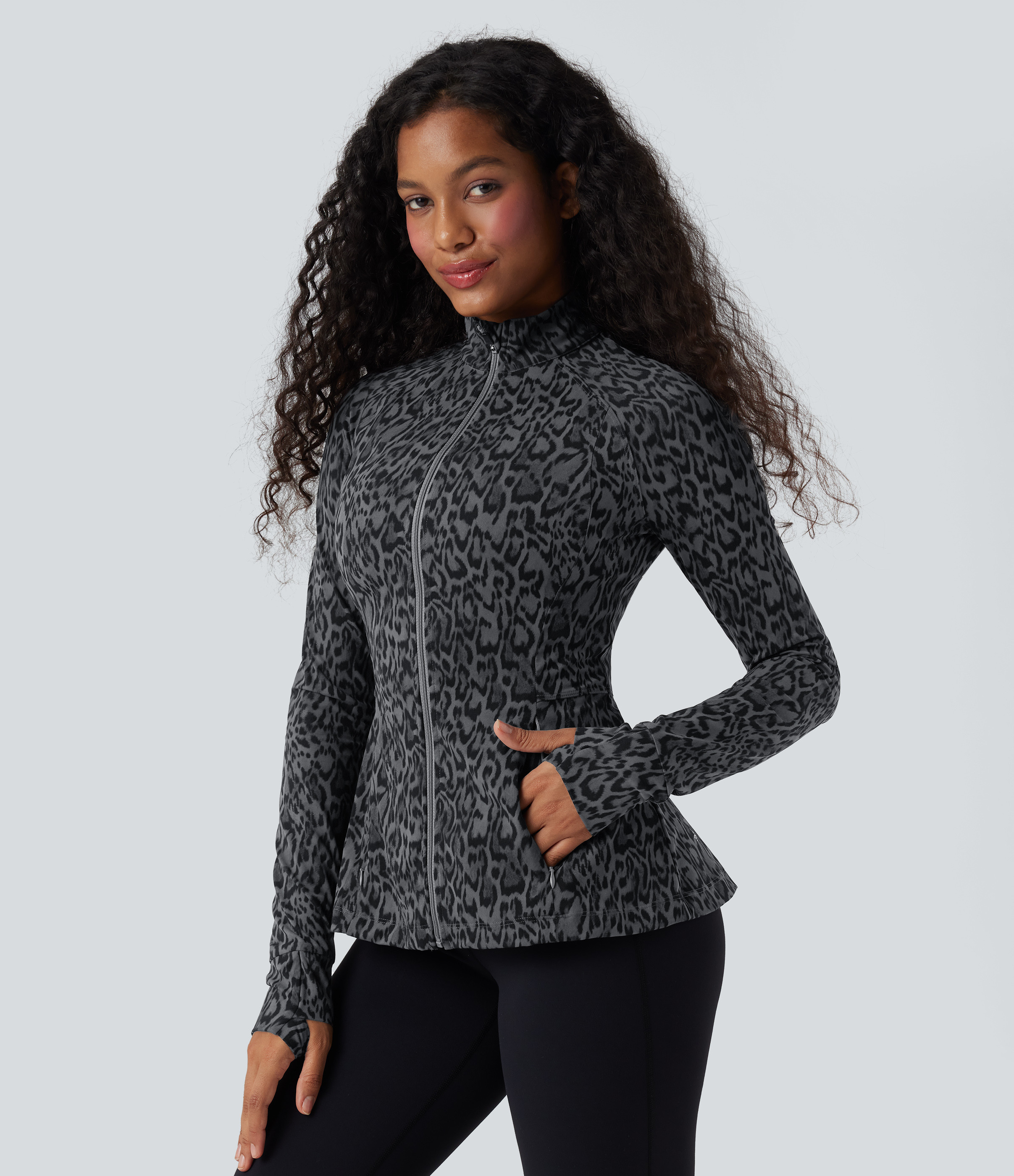 Halara Halara UltraSculpt™ Leopard Print Stand Collar Long Sleeve Thumb Hole Casual Jacket with Pockets  - Shadow Leopard - XS | HALARA
