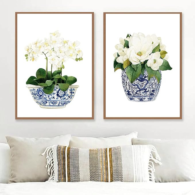 White Orchid & Magnolia Watercolor Chinoiserie Decor Canvas Print Oriental Vase Blue White Willow... | Amazon (US)