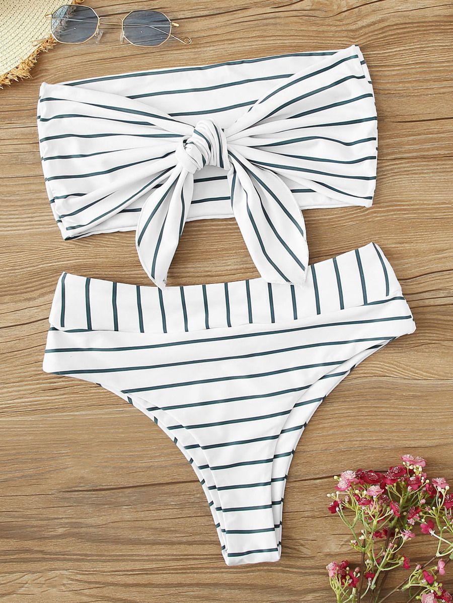 Striped Tie Front Bandeau With High Waist Bikini Set | SHEIN