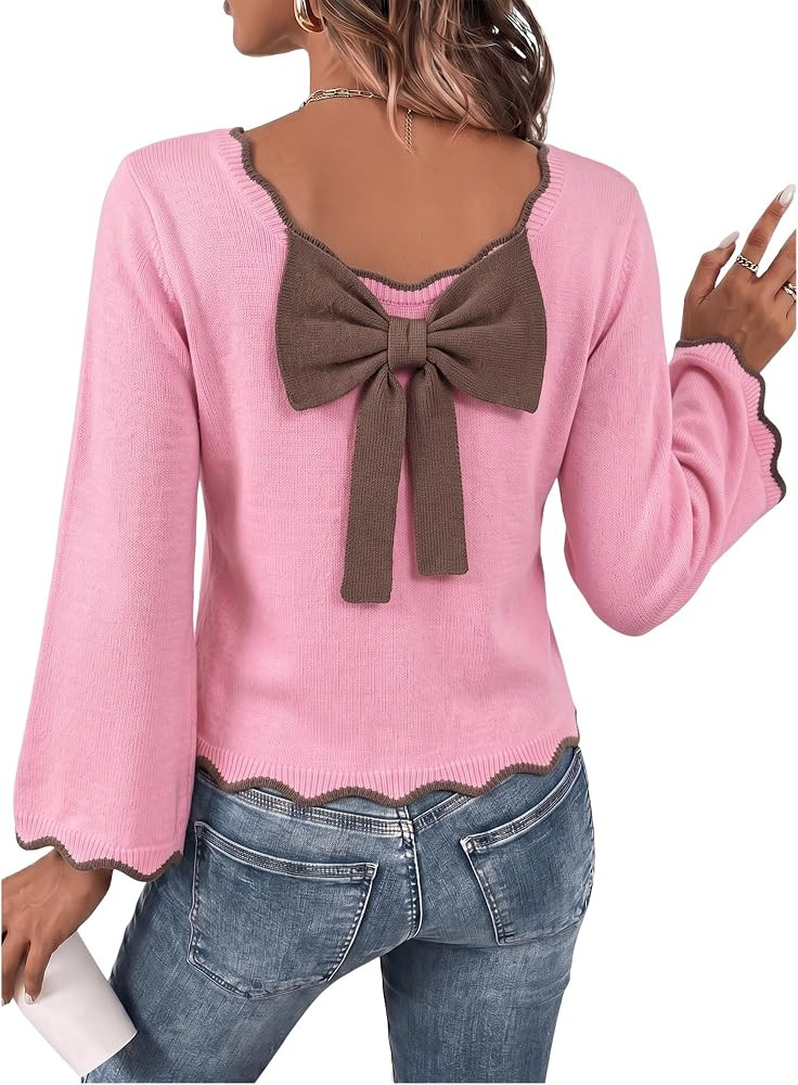 Dokotoo Womens Sweaters Long Sleeve Reversible Bow Cropped Loose Fall Tops | Amazon (US)