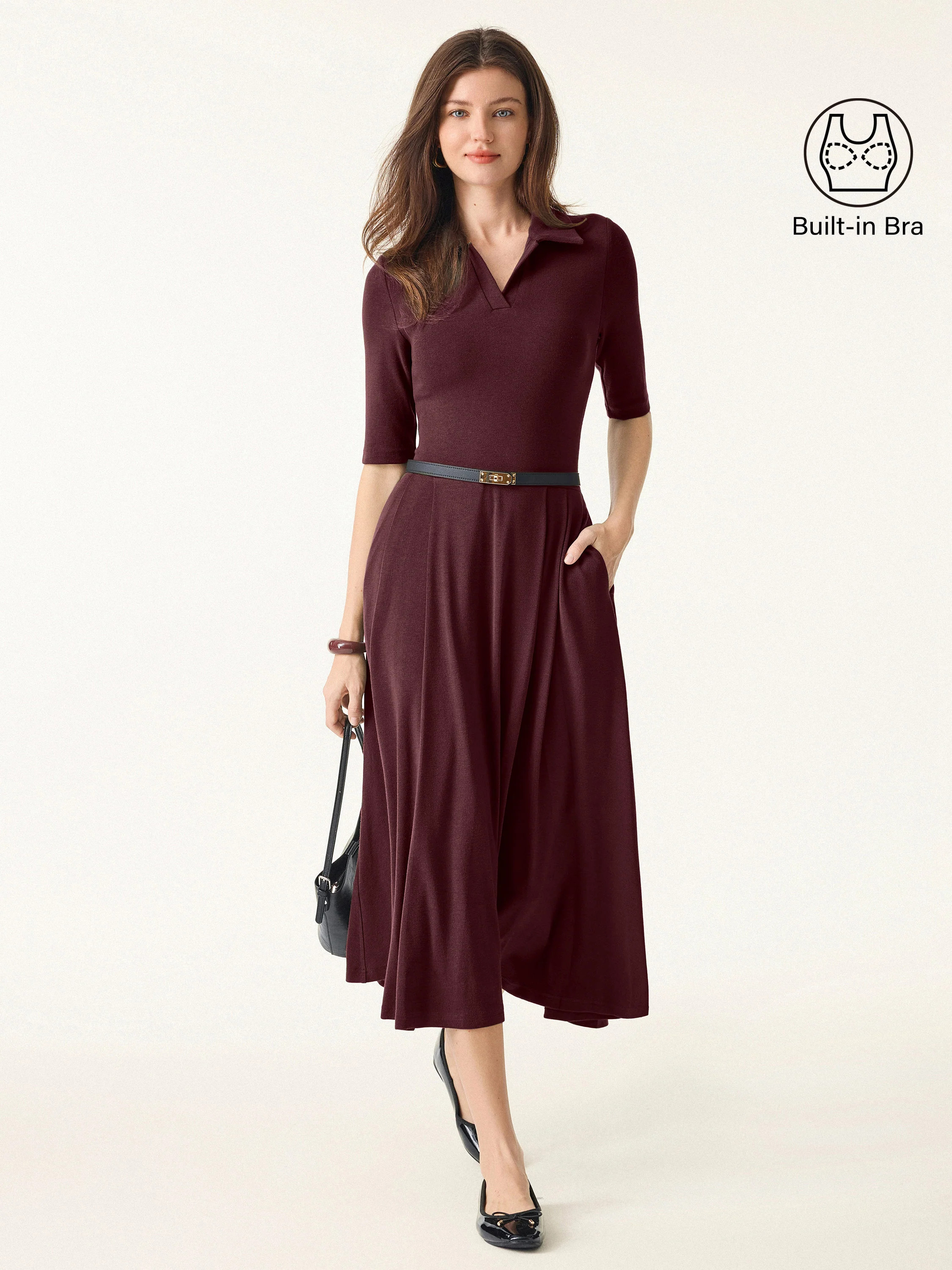 Polo Neck Elbow Length Sleeve Midi Bra Dress with Pockets | OGLmove