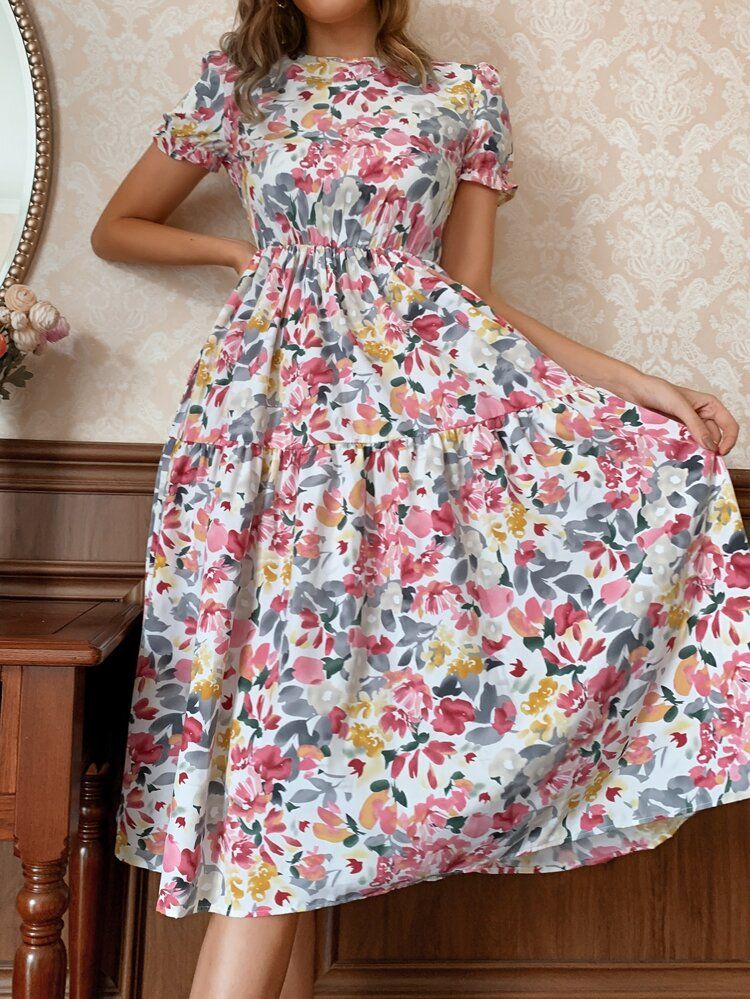 Floral Print Flounce Sleeve Flare Dress | SHEIN