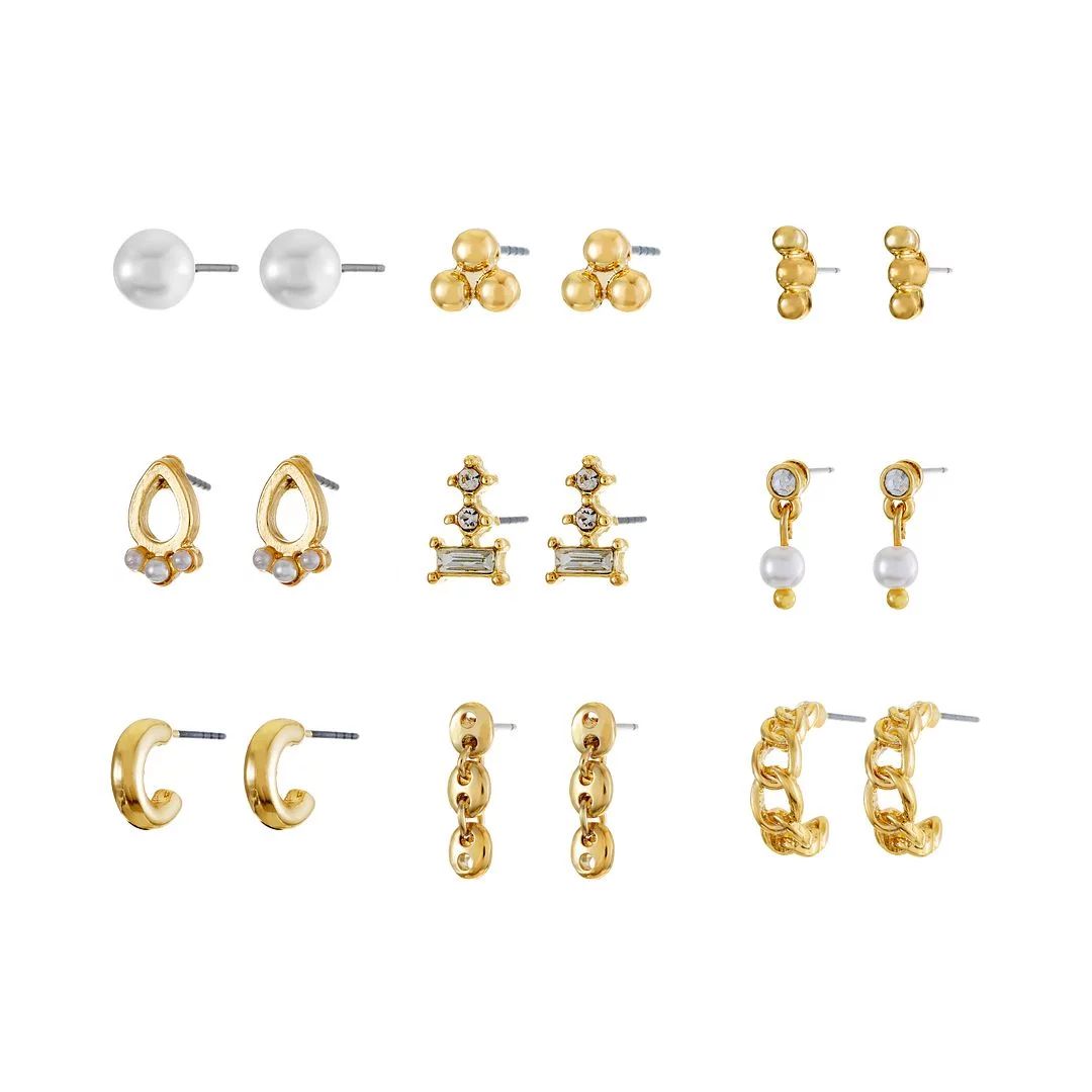 Time and Tru Womens Gold Mini Stud Earring Collection, with Crystal and Faux Pearl, 9 Pairs - Wal... | Walmart (US)