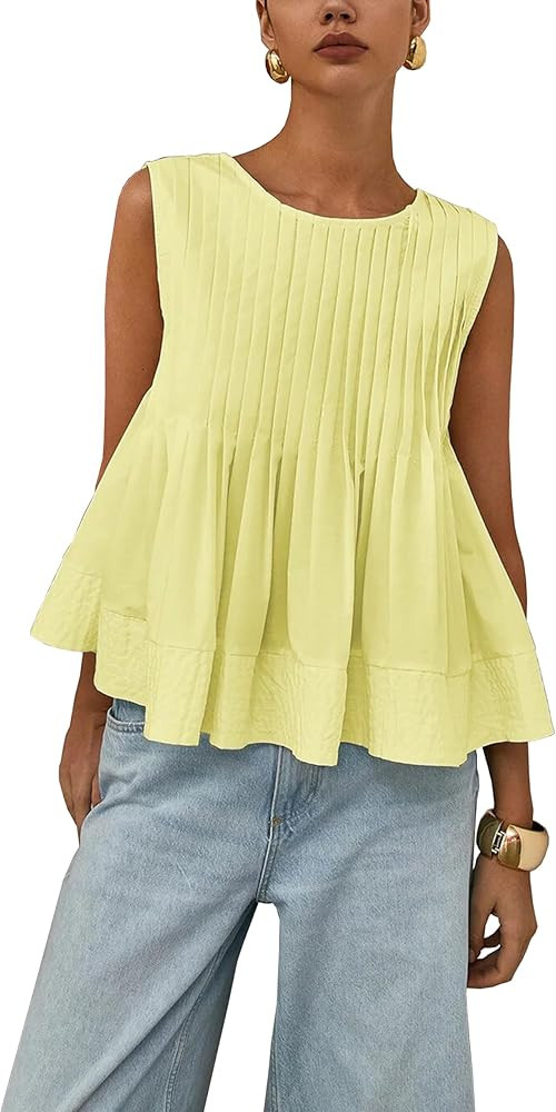 Womens Tank Tops Y2K Pleated Peplum Sleeveless Blouse Babydoll Ruffle Shirt Tunic Outfits | Amazon (US)