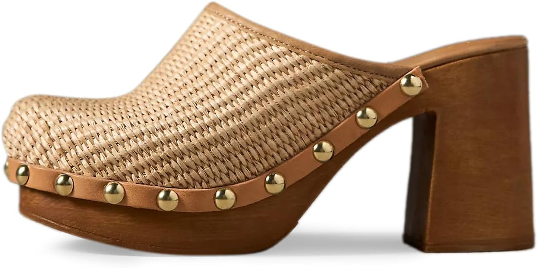 YDN Women's Platform Slip On Clogs Mules Cork High Heel Round Toe Rivet Studded Sandals Comfy Indoor Shopping Shoes Size 7.5 Natural | Mules & Clogs | Amazon (US)