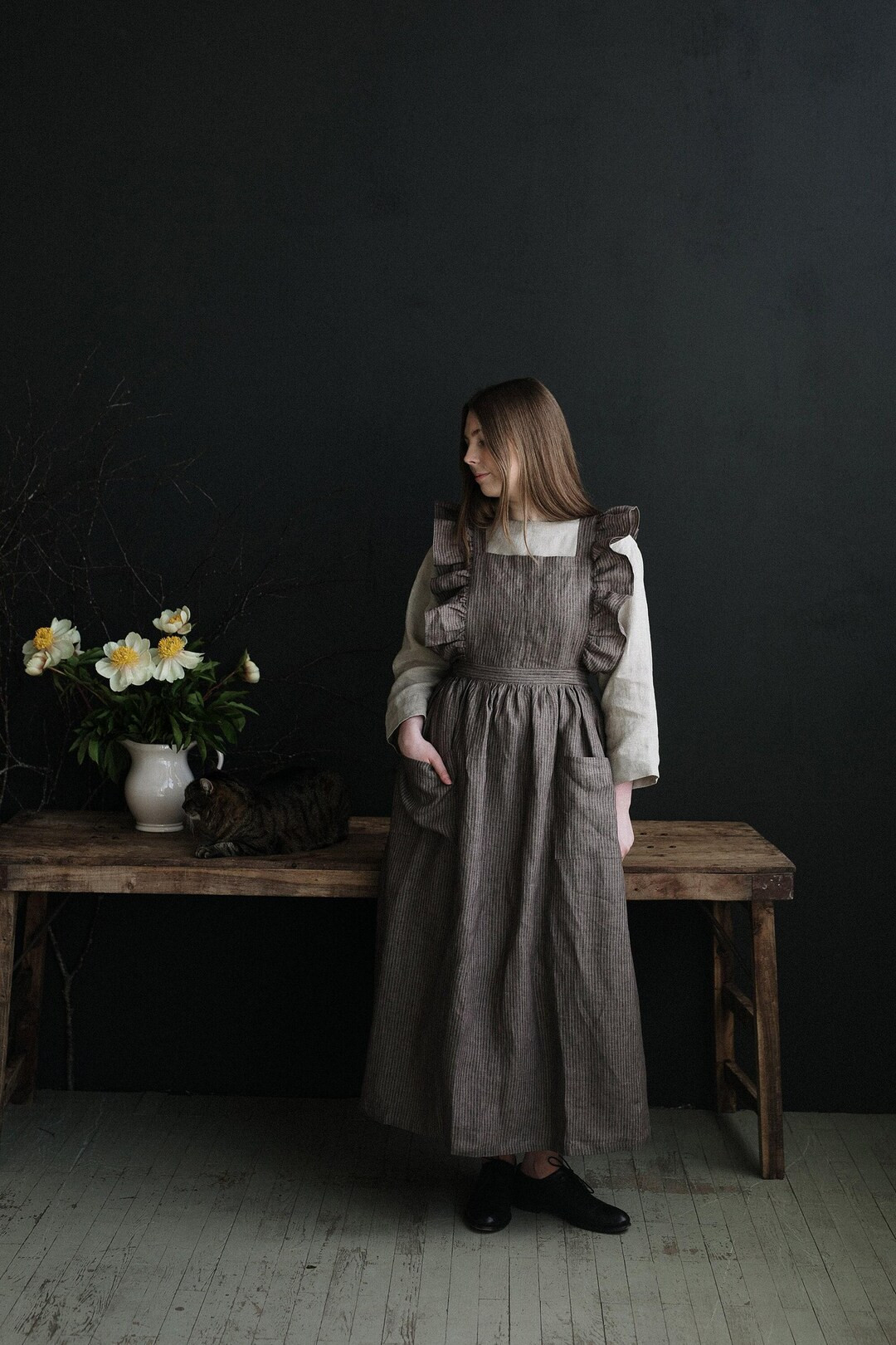 Brown Stripe Long Vintage Apron, Linen Pinafore With Wings, Linen Apron, Victorian Maids Apron, C... | Etsy (US)