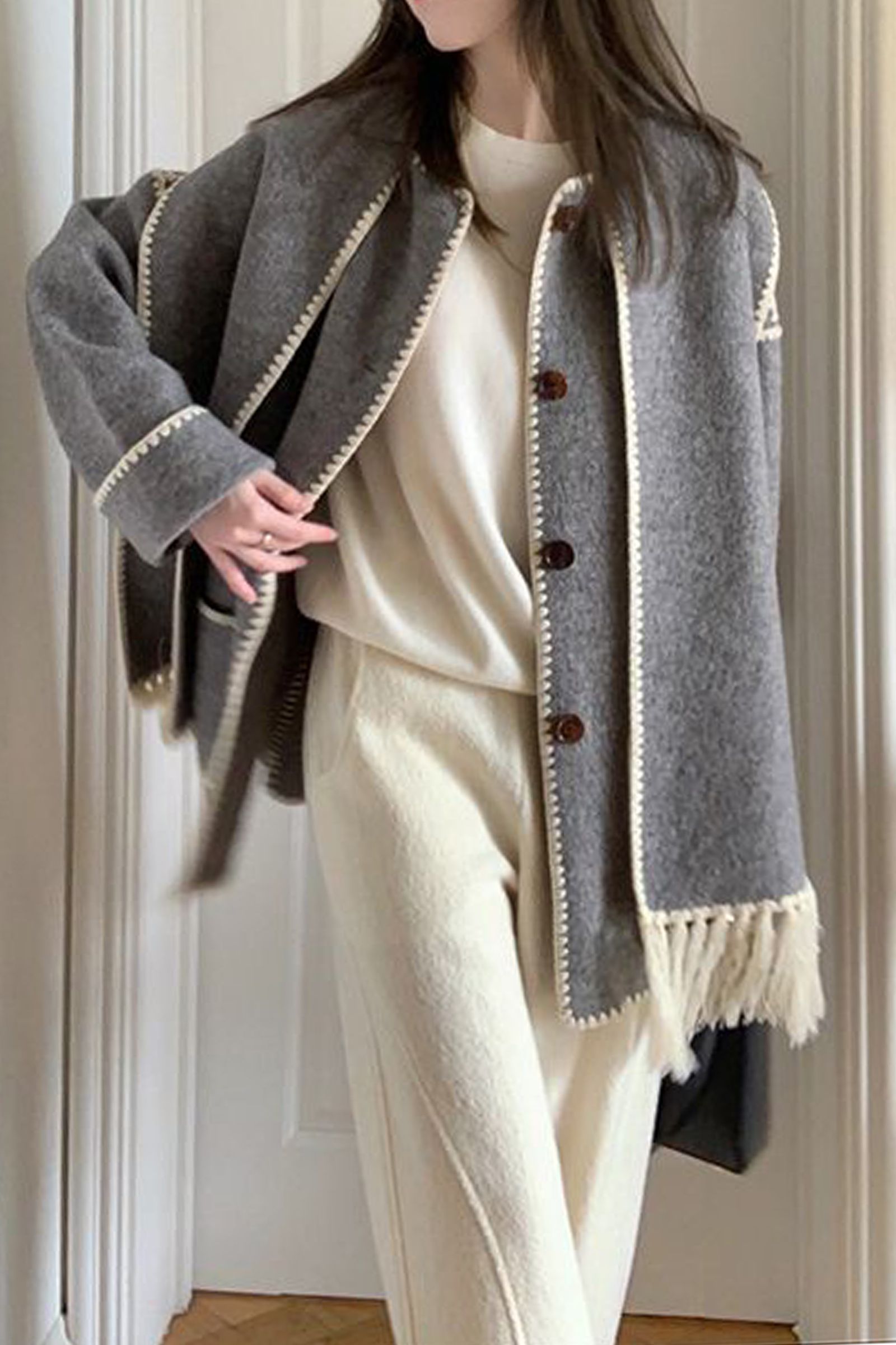 Light Grey Contrast Drop Shoulder Wool-Blend Tweed Coat with Scarf | J.ING