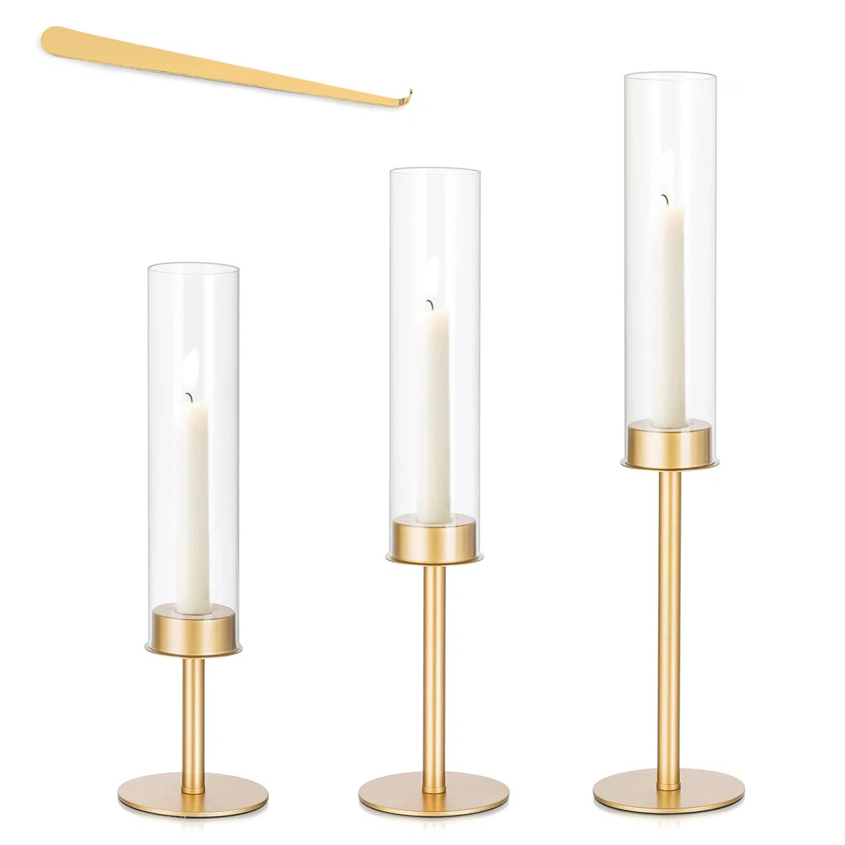 Gold Hurricane Glass Candle Holder Set of 3, Tall Metal & Windproof Glass Taper Candle Holders, E... | Wayfair North America
