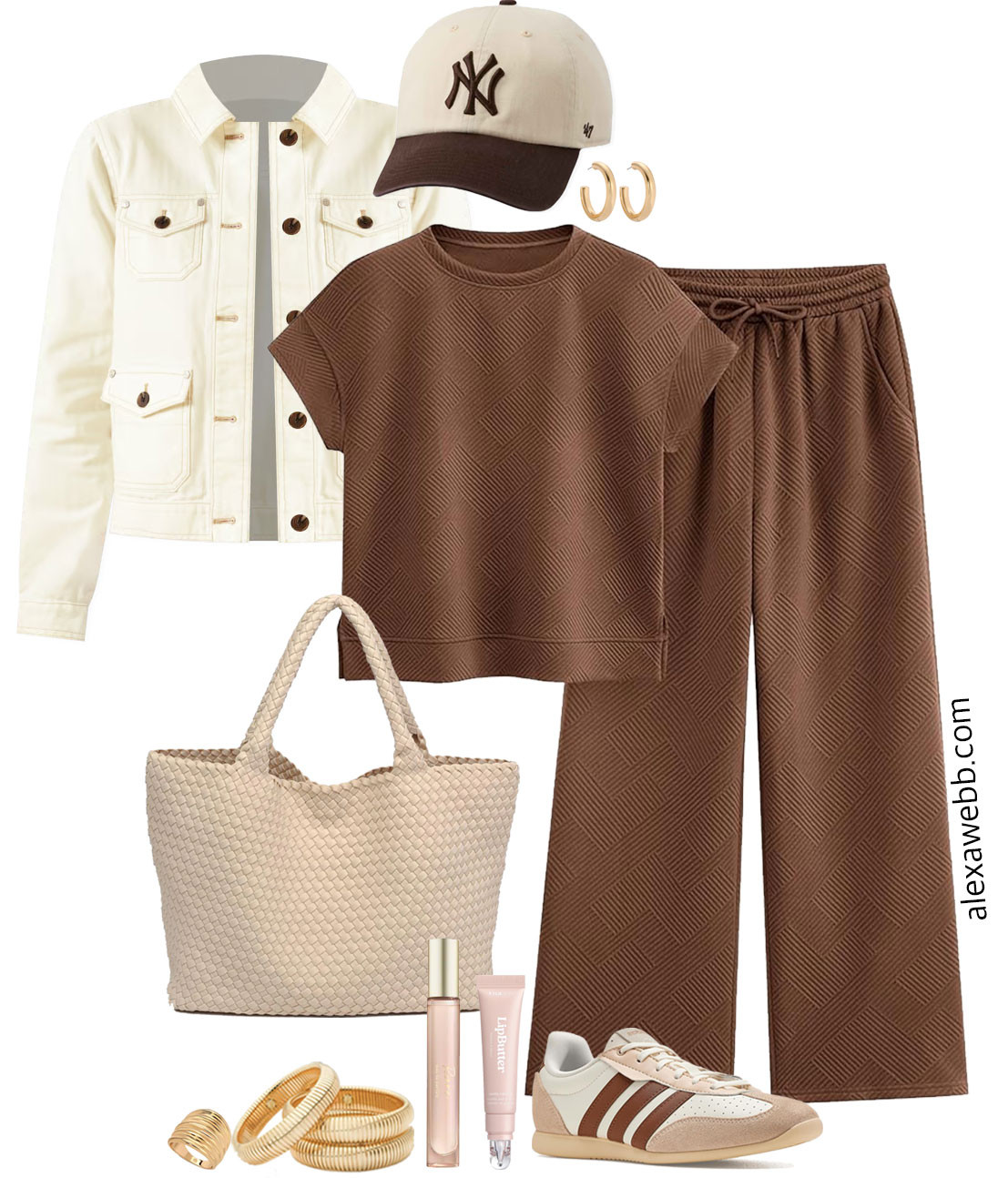 Plus Size Amazon Bestselling Athleisure Set - A plus size brown athleisure set from Amazon, a blog favorite, styled with adidas sneakers, a woven tote bag, bangle bracelets, and a baseball cap. Top the outfit with a cream jacket. Perfect for spring! Alexa Webb 

 #LTKOver40 #LTKMidsize #LTKPlusSize