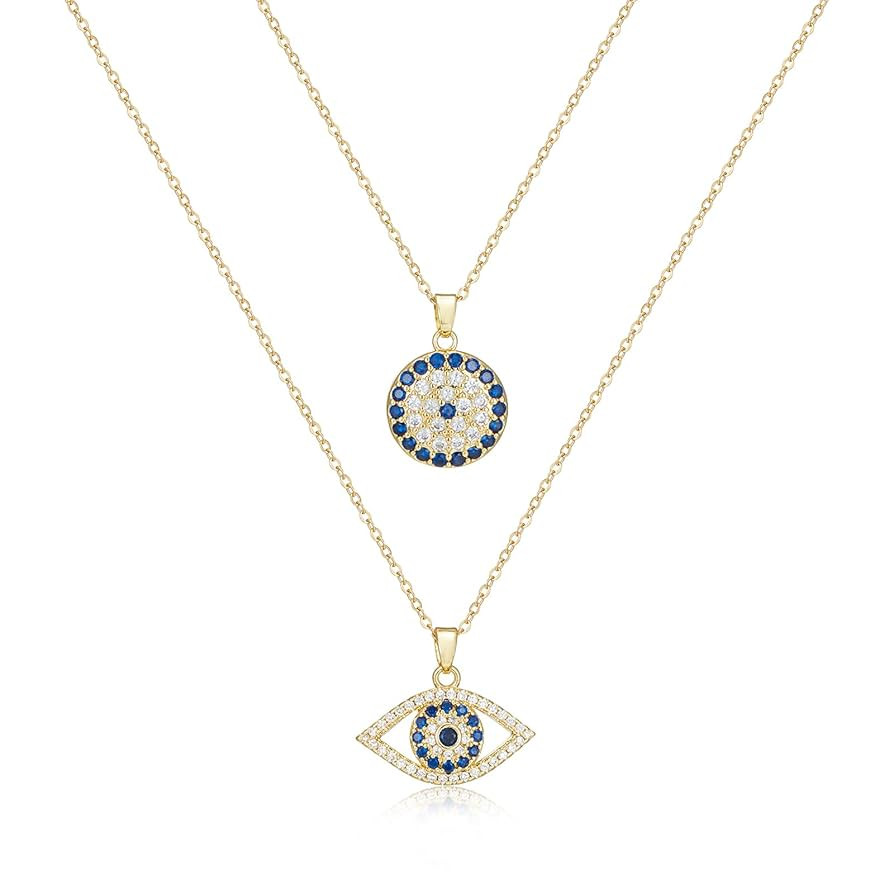 Evil Eye Necklace Layered Necklaces for Women, 2Pcs 18K Gold Plated Dainty Evil Eye Choker Pendan... | Amazon (US)