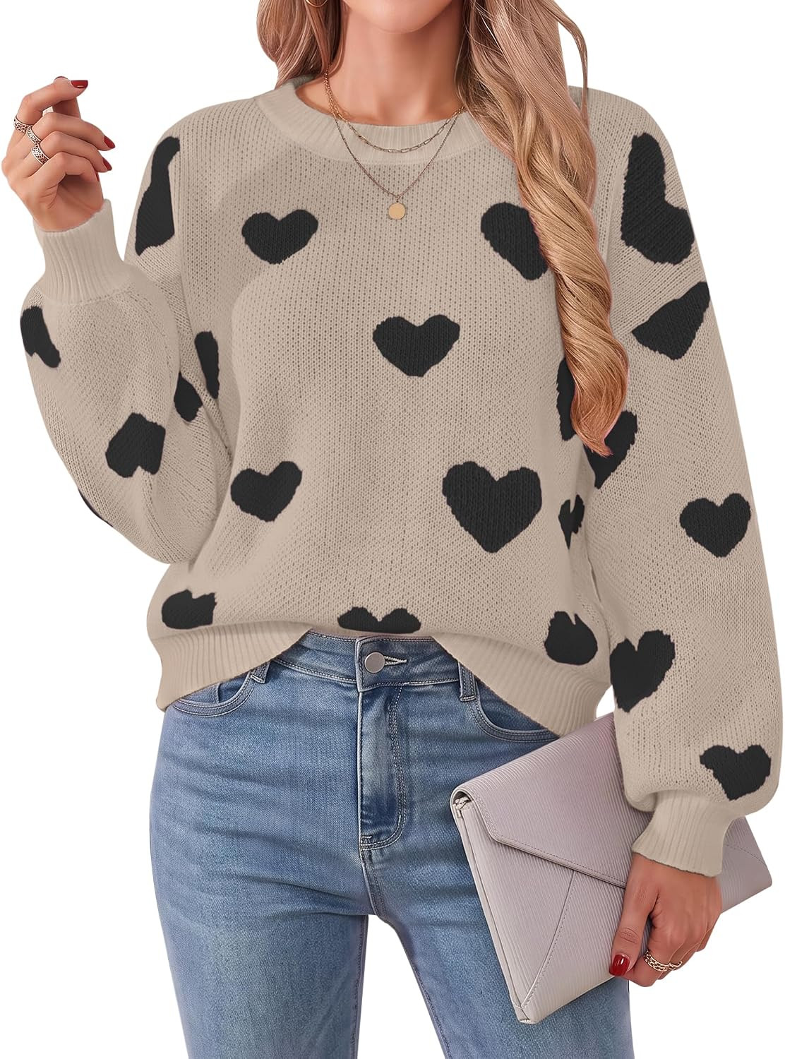 Womens Cute Heart Print Sweaters Fall Oversized Long Sleeve Pullover Tops | Amazon (US)
