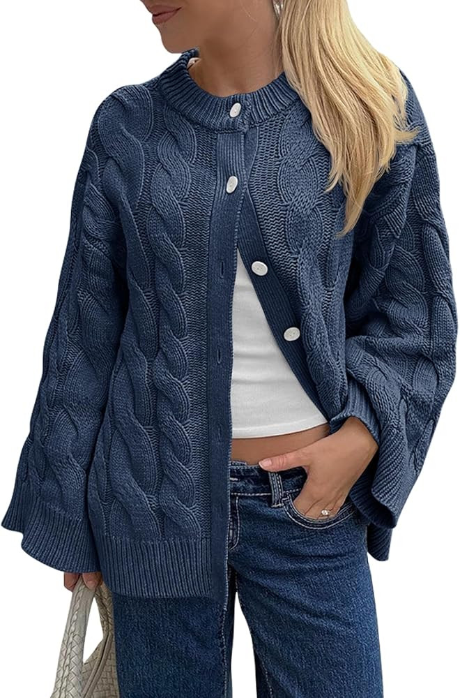 Saodimallsu Womens Cable Knit Cardigan Sweaters Long Sleeve Button Down Crewneck Casual Loose Fal... | Amazon (US)