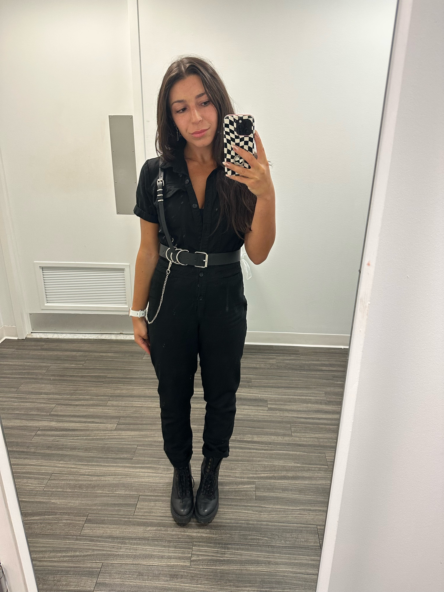 First Pumpkin Cream cold brew and I’m already dressing like it’s fall! Utilitarian jumpsuit accessorized with a silver hardware harness and combat booties is the best way to feel comfortable and confident while making a statement in the office 🖤 

#LTKstyletip #LTKSeasonal #LTKworkwear