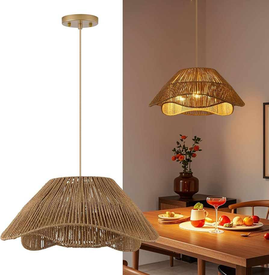 19.68" Large Gold Rattan Pendant Light, 3-Light Farmhouse Chandeliers for Dining Room, Woven Wick... | Amazon (US)