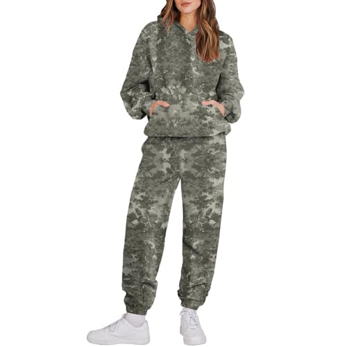 Camo Sweatsuits for Women Set 2 Piece,Womens Camo Hoodie Maple Leaf Print Oversized Sweaters Sweatshirt Camo Sweatpants | Amazon (US)