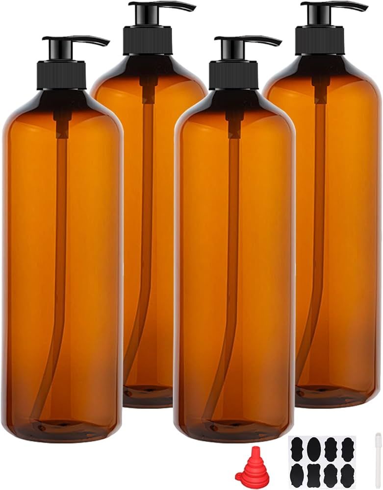 4 Pack 32 OZ Empty Plastic Pump Bottles with 1 Pen, Labels & Silicone Funnel, Amber Empty Shampoo... | Amazon (US)
