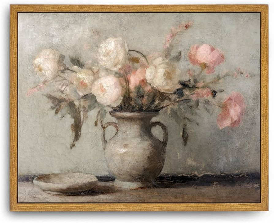 Roslynity Framed Canvas Wall Art Vintage Print Paintings Still Life with Flowers Pink and White B... | Amazon (US)