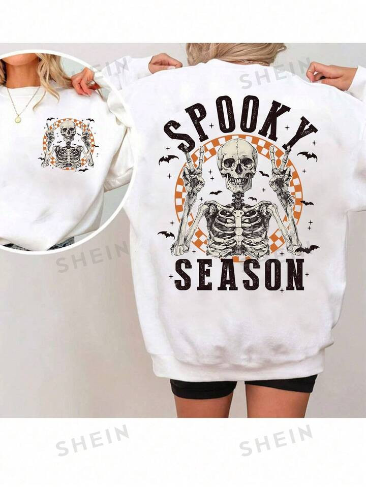 SHEIN EZwear Oversized Halloween Sweatshirt With Front And Back Horror Theme Prints, Vintage Hall... | SHEIN